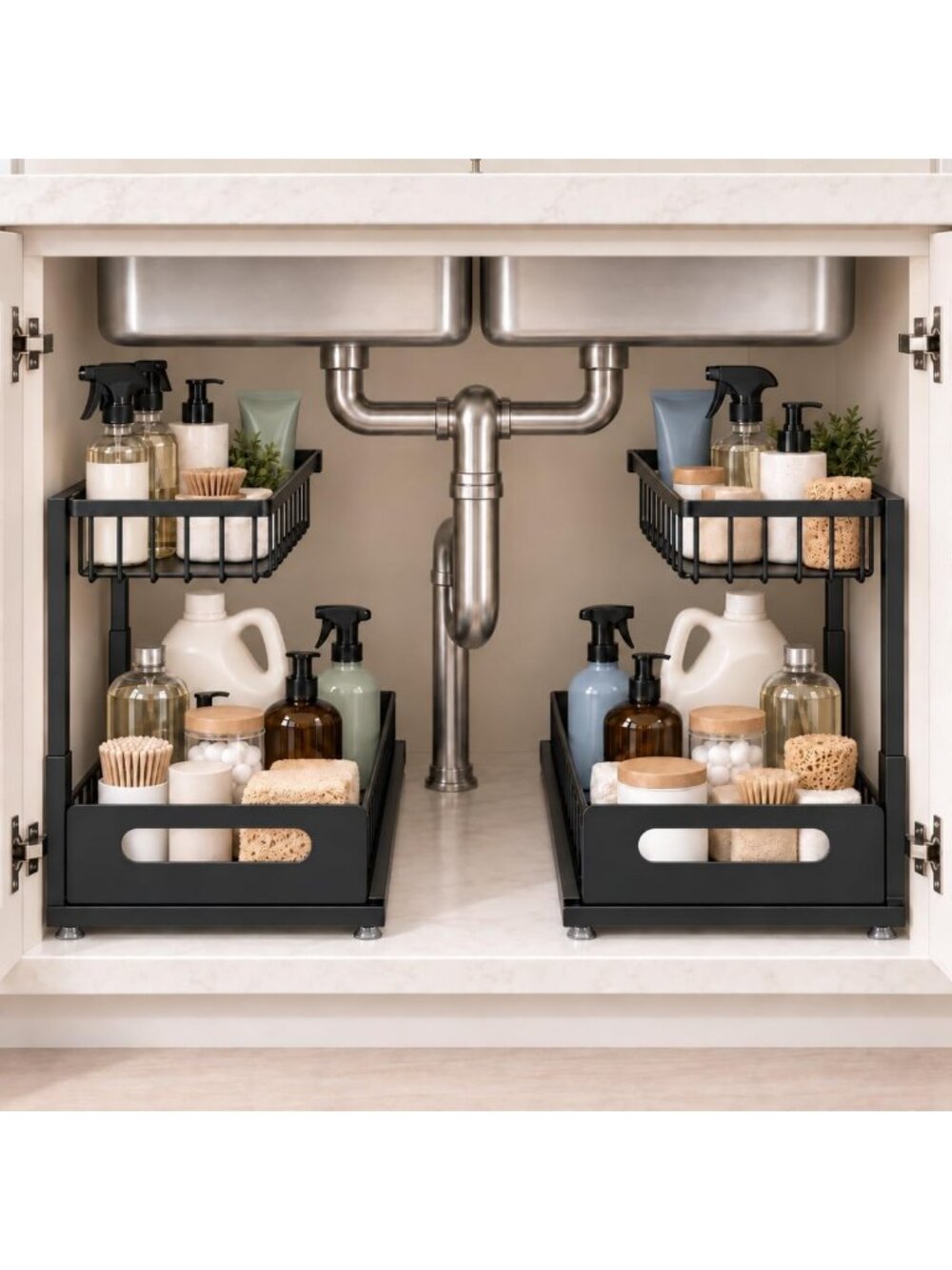 2-Tier Pull-Out Under Sink Organizer - Metal Drawer Storage Solution, 2 Pack